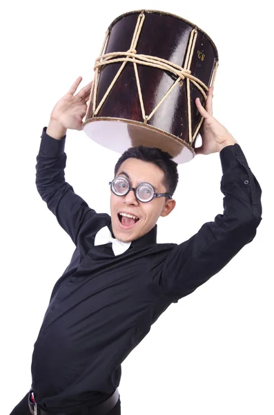 Homem engraçado com tambor no branco — Fotografia de Stock