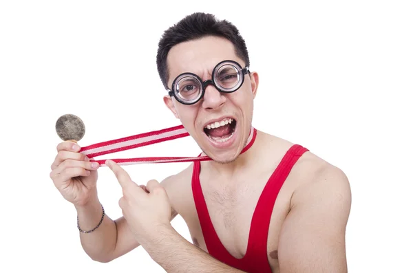 Funny wrestler with winners medal — Stock Photo, Image