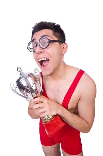 Lutador engraçado com vencedores copo — Fotografia de Stock