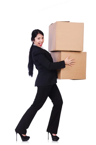 Mujer con un montón de cajas en blanco — Foto de Stock