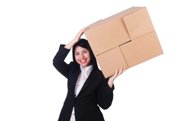 Woman with lots of boxes on white — Stock Photo, Image