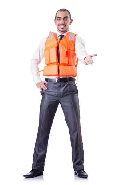 Homem em colete salva-vidas isolado em branco — Fotografia de Stock