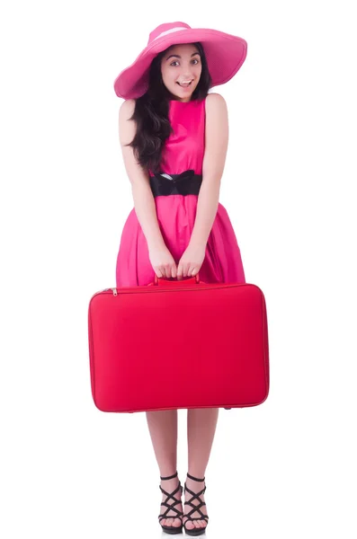 Menina jovem em vestido rosa viajando — Fotografia de Stock