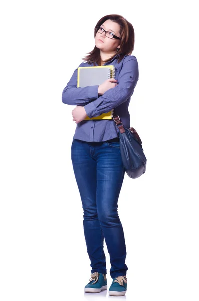 Girl student with books on white — Stock Photo, Image