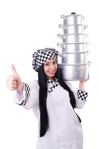 Cook with stack of pots on white — Stock Photo, Image