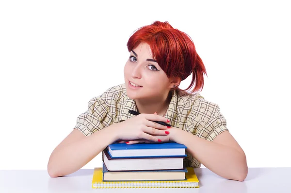 Studentin mit Büchern auf Weiß — Stockfoto