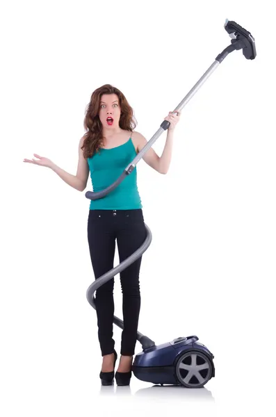 Young woman with vacuum cleaner on white — Stock Photo, Image