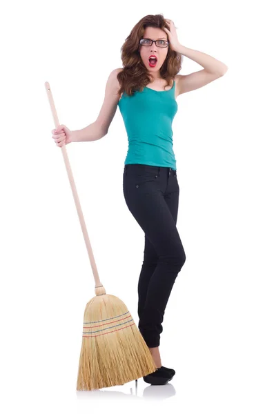 Young woman with broom isolated on white — Stock Photo, Image