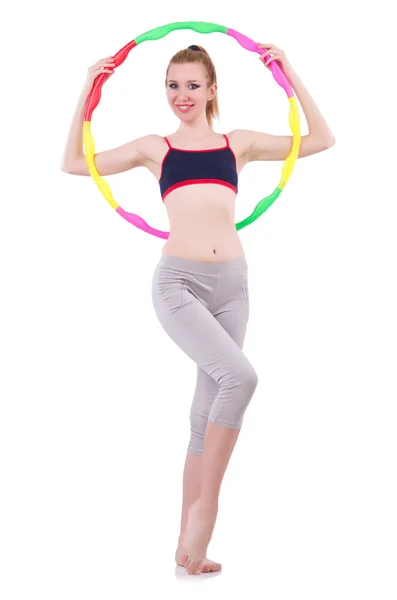 Donna che fa esercizi con hula hoop — Foto Stock