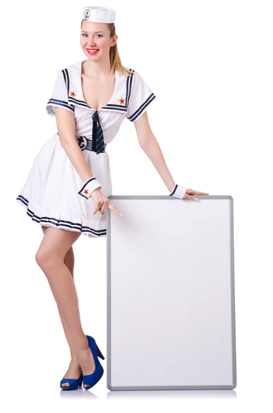 Stewardess met leeg bord op wit — Stockfoto