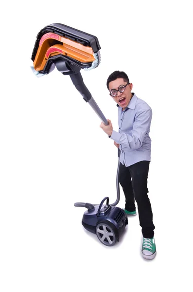 Funny man with vacuum cleaner on white — Stock Photo, Image