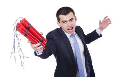 Dinamiti olan bir iş adamı beyazda izole edilmiş.