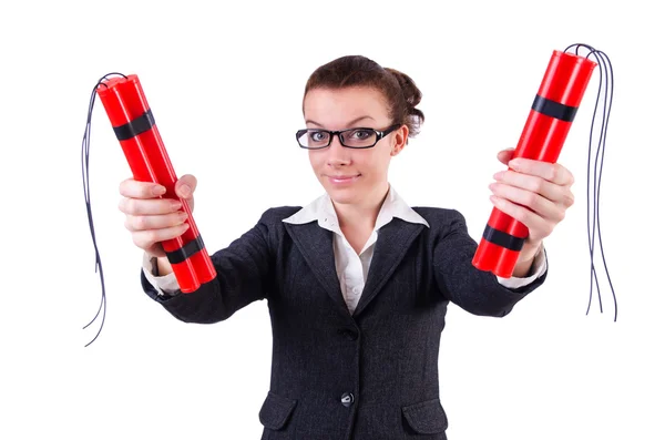 Businesswoman with dynamite on white — Stock Photo, Image