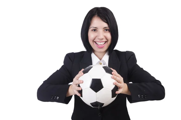 Bizneswoman z piłką na białym — Zdjęcie stockowe