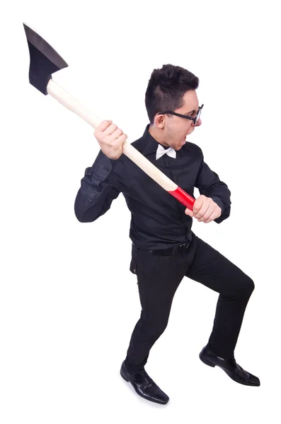 Hombre divertido con hacha en blanco — Foto de Stock