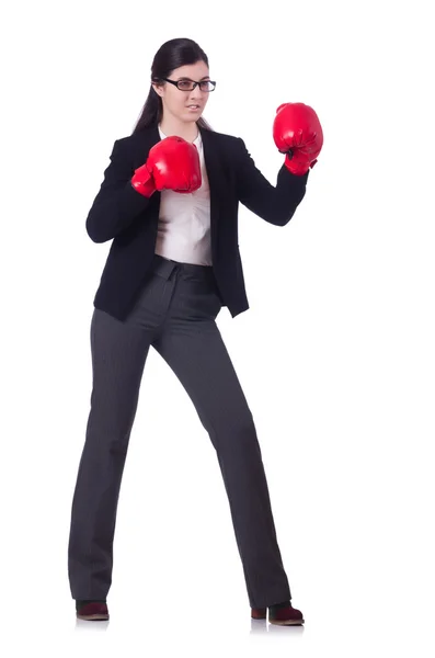 Businesswoman in boxing concept on white — Stock Photo, Image