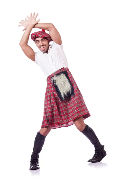 Lustiger Schotte, der auf Weiß tanzt — Stockfoto