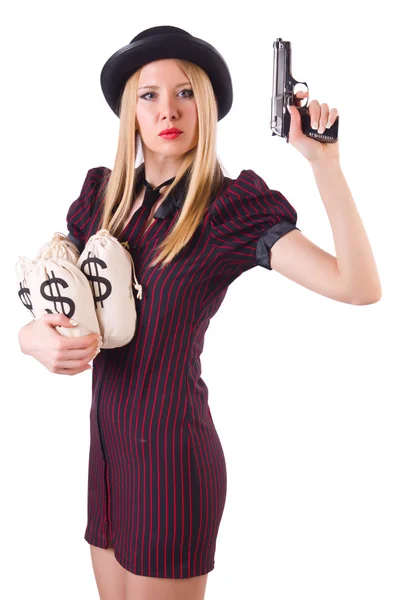 Gangster femme avec arme et argent — Photo