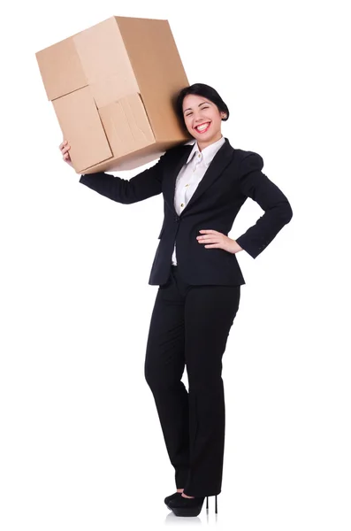 Женщина с большим количеством коробок на белом — стоковое фото