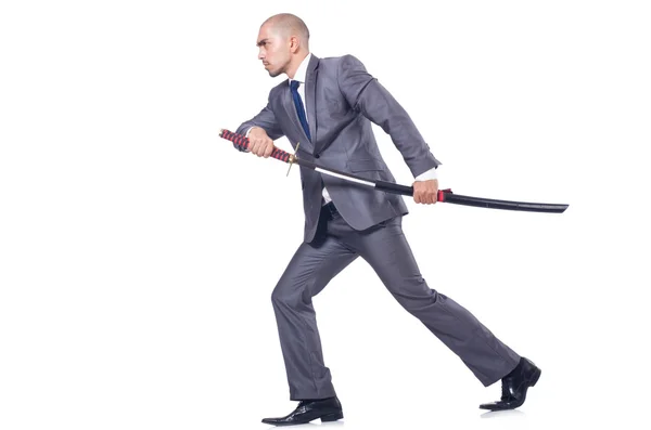 Podnikatel s mečem izolovaným na bílém — Stock fotografie
