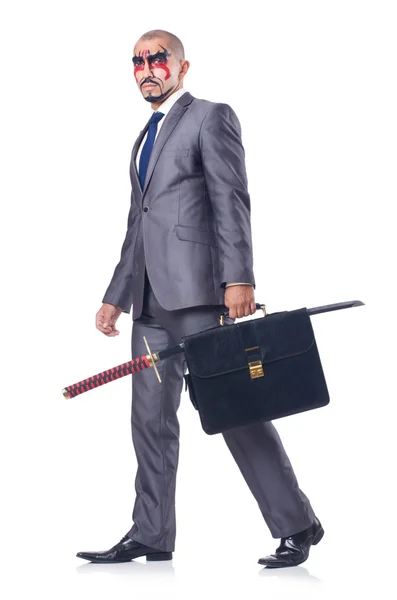 Businessman with sword isolated on white — Stock Photo, Image