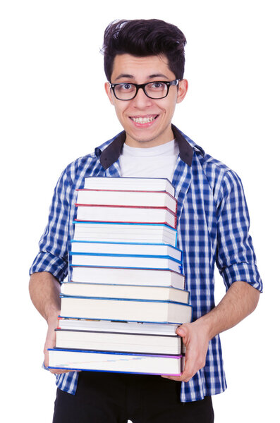 Студент с большим количеством книг на белом
