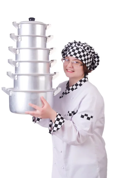Kochen mit Stapel von Töpfen auf weiß — Stockfoto
