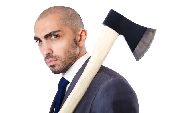 Funny businessman with axe on white — Stock Photo, Image