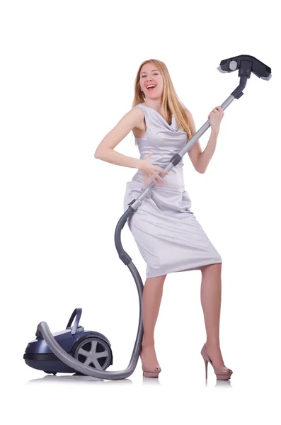 Young woman with vacuum cleaner on white — Stock Photo, Image