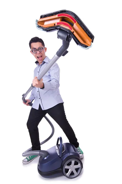 Funny man with vacuum cleaner on white — Stock Photo, Image