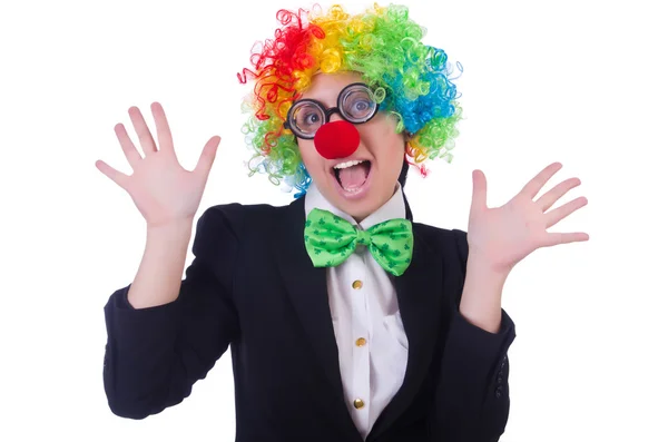 Frau Clown Geschäftsfrau isoliert auf weiß — Stockfoto