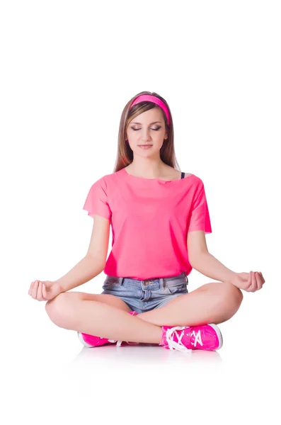 Young woman doing exercises on white — Stock Photo, Image