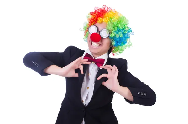 Rolig clown med tangentbord på vitt — Stockfoto