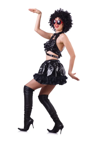 Dansende vrouw in zwart lederen kostuum — Stockfoto