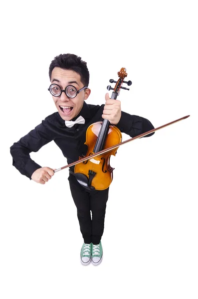 Uomo divertente con violino su bianco — Foto Stock