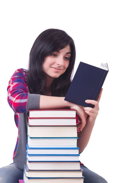 Girl student with books on white — Stock Photo, Image