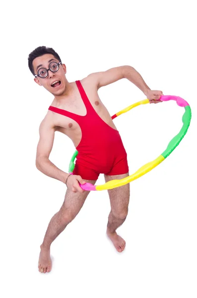 Funny sportsman with hula hoop on white — Stock Photo, Image