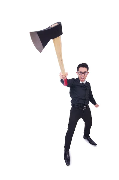 Funny man with axe on white — Stock Photo, Image