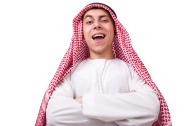 Genç Arap adam beyazda izole edilmiş.