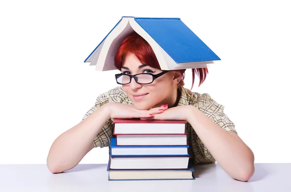 Chica estudiante con libros en blanco — Foto de Stock