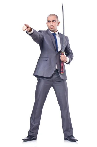 Businessman with sword isolated on white — Stock Photo, Image