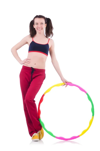 Woman doing exercises with hula hoop — Stock Photo, Image