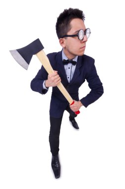 beyaz üzerine balta ile komik adam