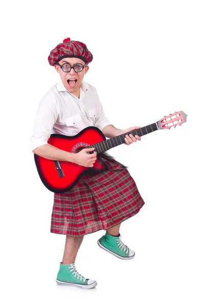 Funny scotsman with guitar on white — Stock Photo, Image