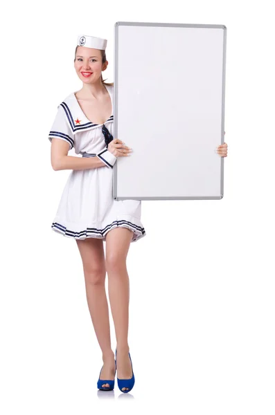 Stewardessa z deska na biały — Zdjęcie stockowe