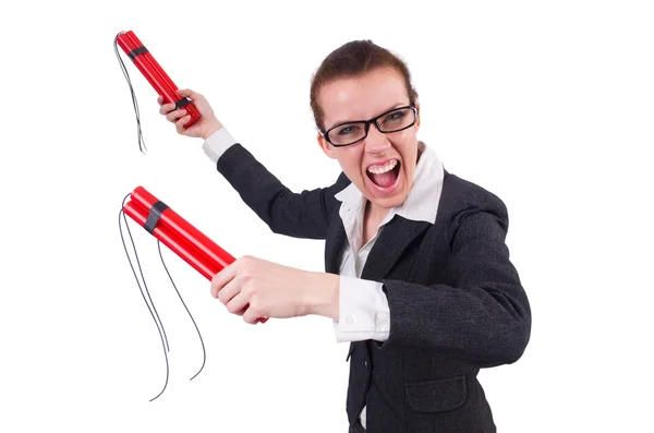 Businesswoman with dynamite on white — Stock Photo, Image