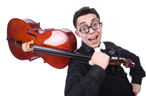 Uomo divertente con violino su bianco — Foto Stock