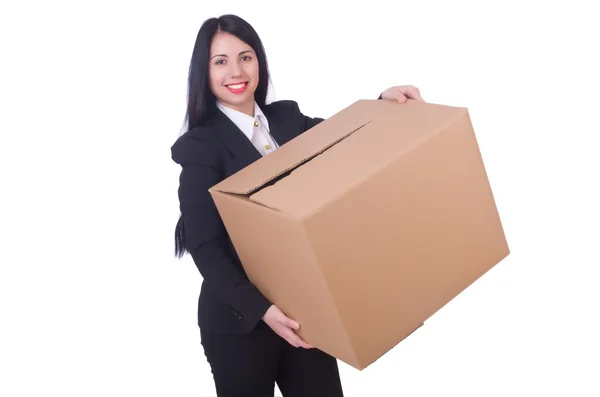 Woman with box on white — Stock Photo, Image