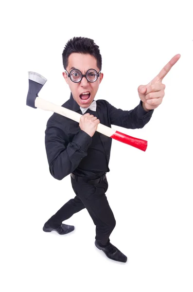 Funny man with axe on white — Stock Photo, Image