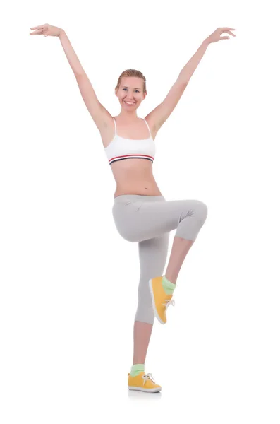 Mulher fazendo exercícios esportivos isolados no branco — Fotografia de Stock